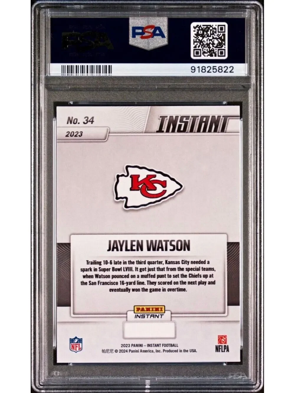 Jaylen Watson 2023 Panini NFL Superbowl Champions #34 Card PSA 9 Mint